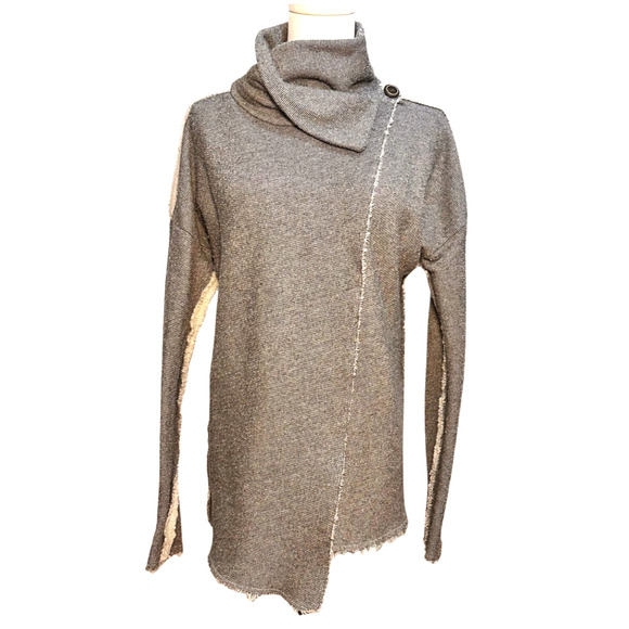 Nation LTD Gray Black Raw Edge Funnel Collar Asymmetric French Terry Cardigan XS - Picture 1 of 10